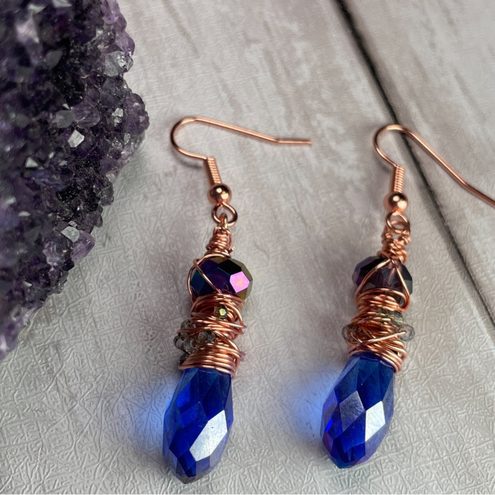 Blue Austrian Crystal Hammered Copper Chaos Wrapped Earrings Artisan Designed - Picture 16 of 17